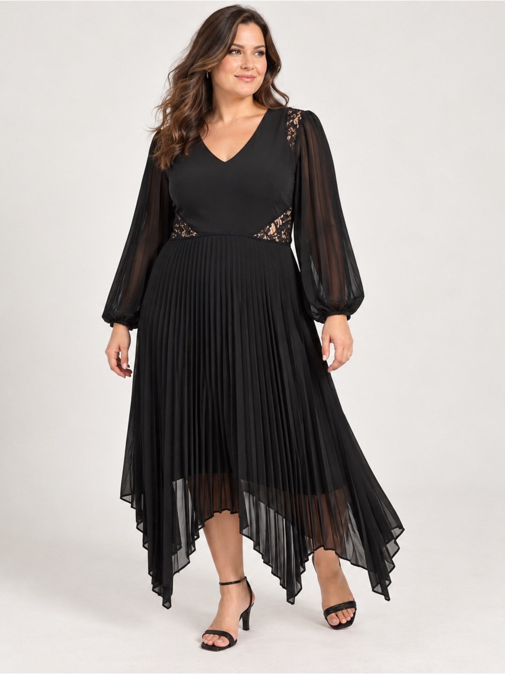 Taylor Black Pleated Dress 18W Lace Handkerchief Hem Cocktail Evening Plus